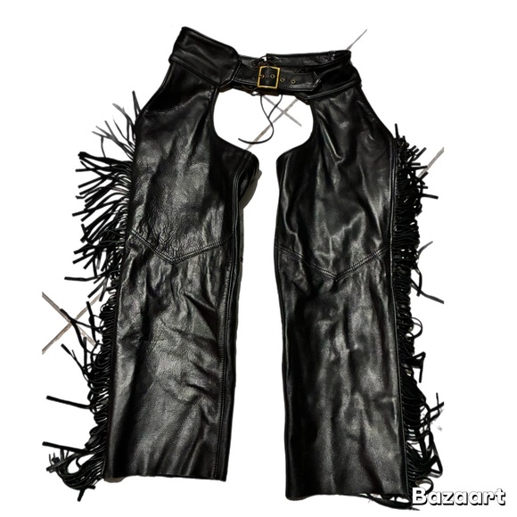 Protech Black Leather Fringe Biker Chaps Size XL Adjustable Buckle Motorcycle